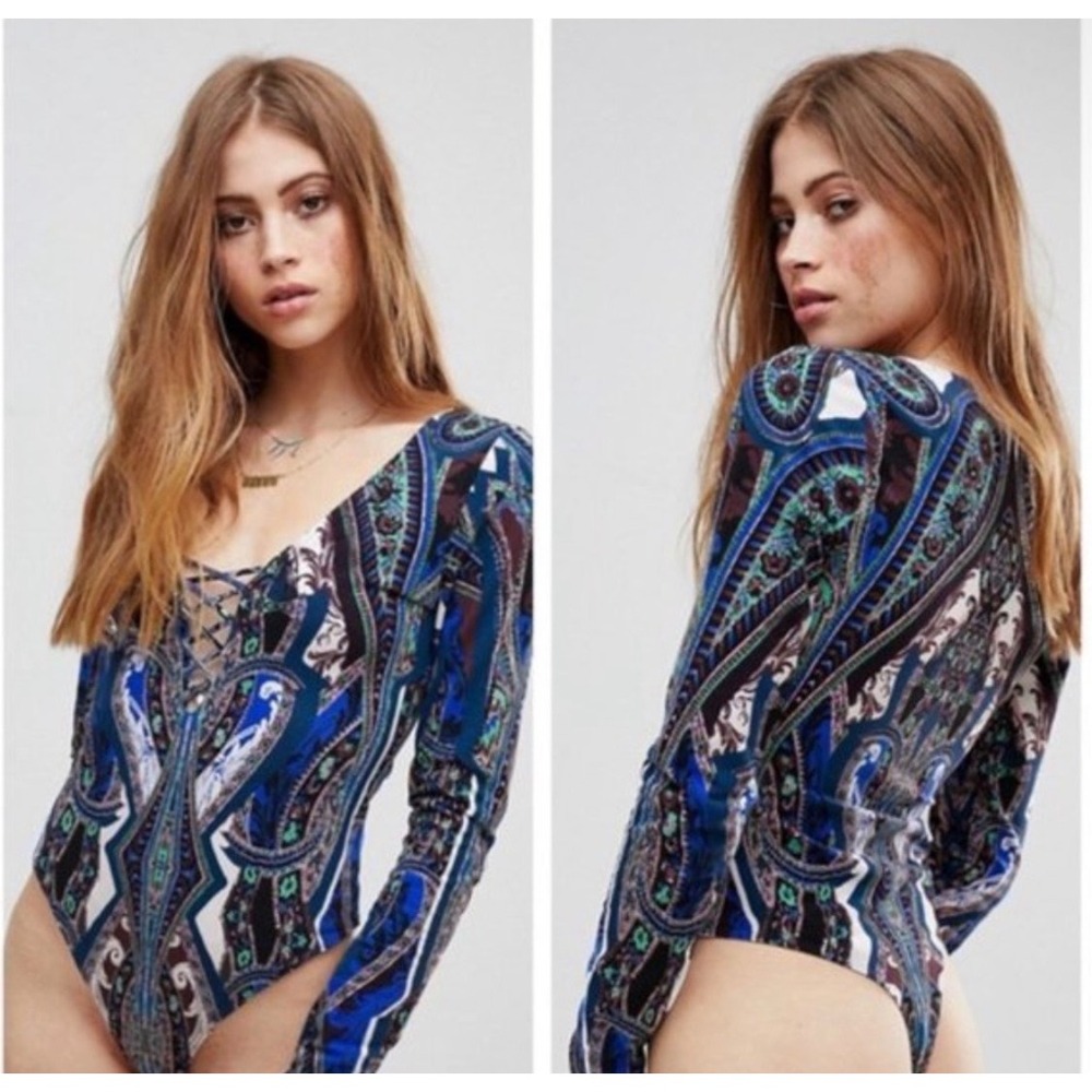 Free People Pick A Place Paisley Print Long Sleeve Thong Lace Up Bodysuit S NWT